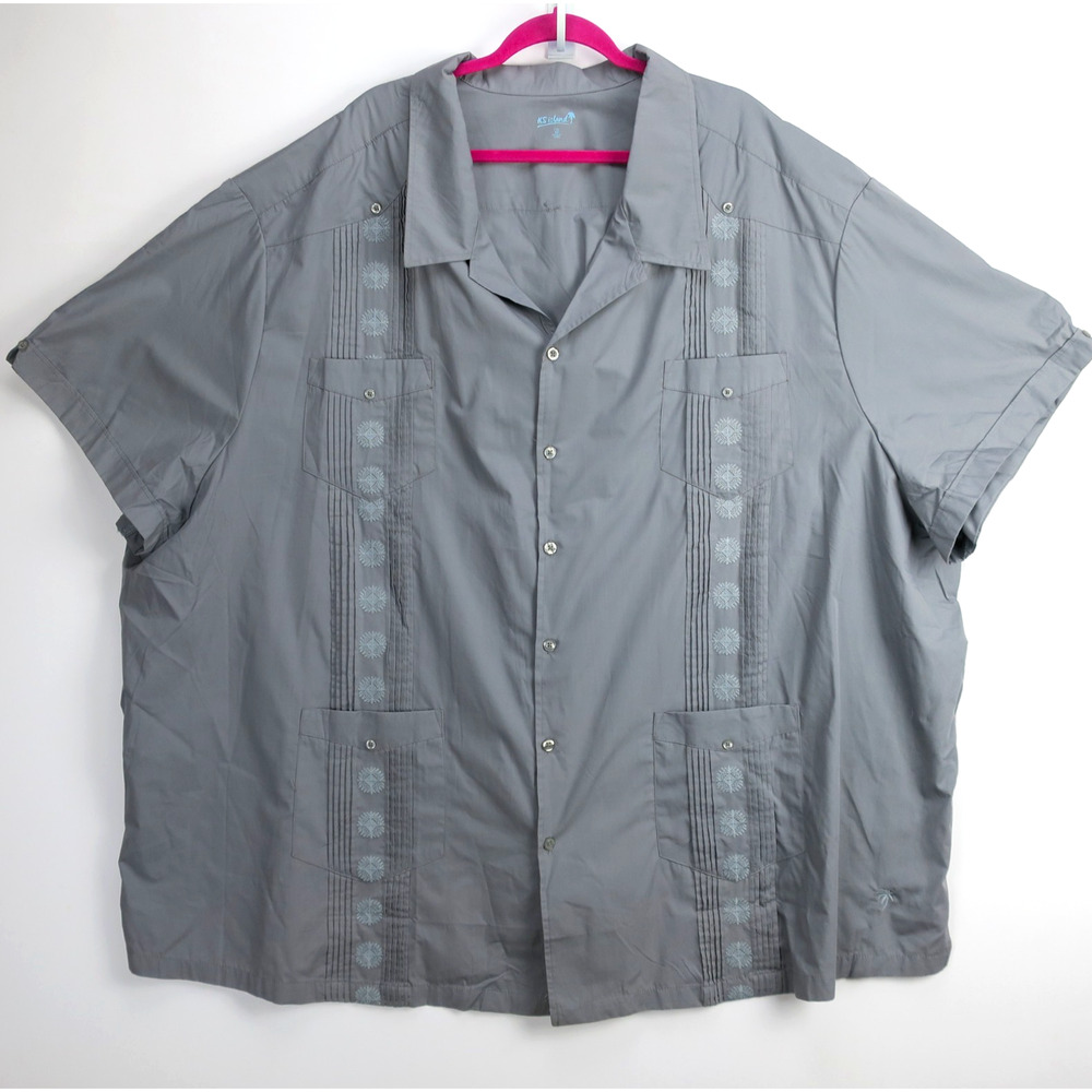 7XL Big Tall Short Sleeve Button Up Shirt Gray Embroidered Guayabera | KS Island